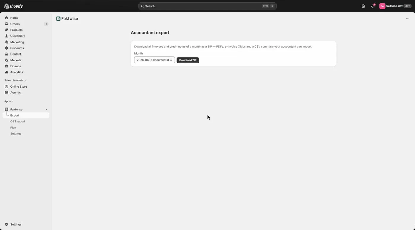 The Faktwise export page: pick a month and download the accountant ZIP