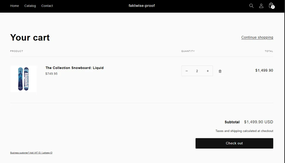 The Faktwise block collapsed in the cart: just a small "Business customer? Add VAT ID / Leitweg-ID" toggle below the checkout button, nothing else