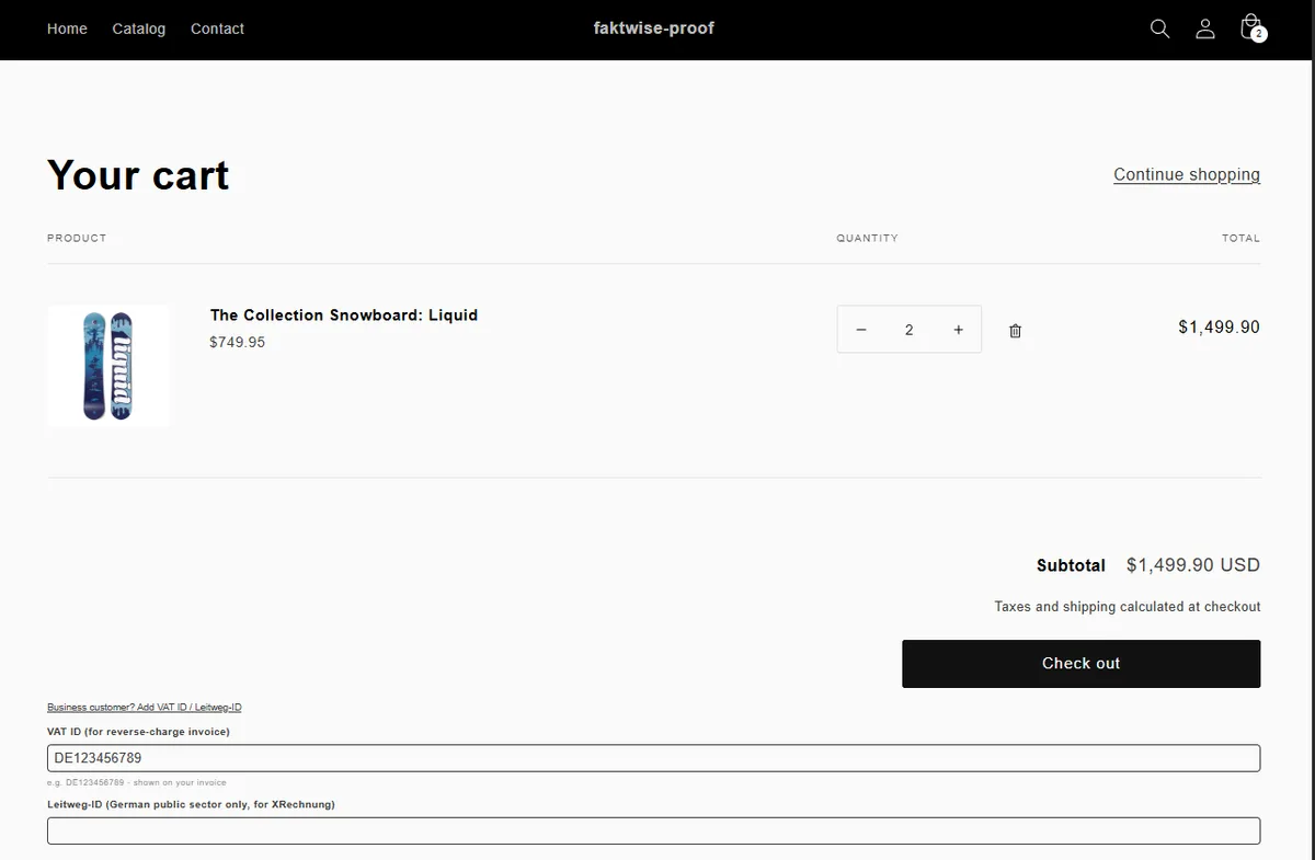 The expanded Faktwise field in the Shopify cart with VAT ID and Leitweg-ID inputs