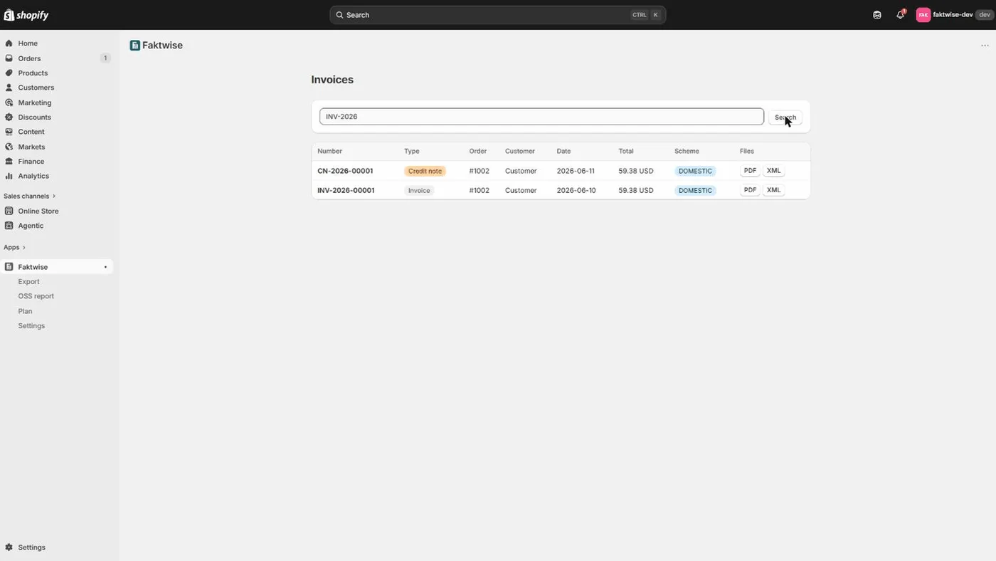 The Faktwise dashboard inside Shopify: invoice list with search, a credit note, and PDF and XML downloads on every row