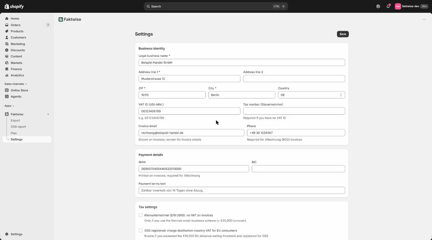 The Faktwise settings in Shopify: company details, VAT ID, IBAN and payment terms