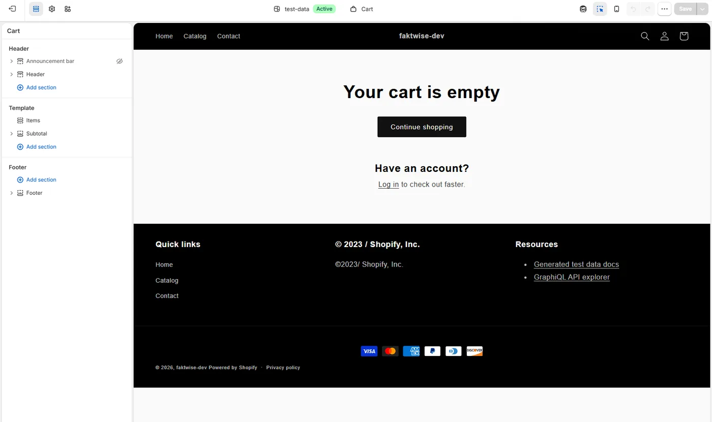 The Shopify theme editor on the Cart template with the Add section buttons in the sidebar